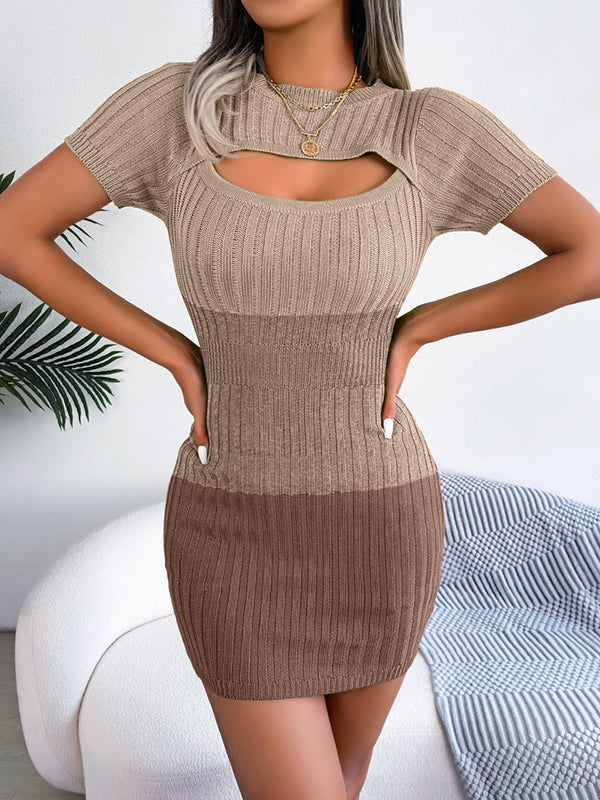 Mini abiti in maglia a vita alta, maniche corte, scollo rotondo e scollatura sfumata 