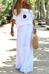 Horizontal Neck White Simple Women Casual Maxi Dress