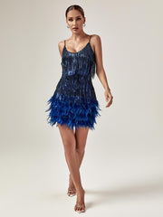 Mini abito con nappe e piume Austyn in blu reale
