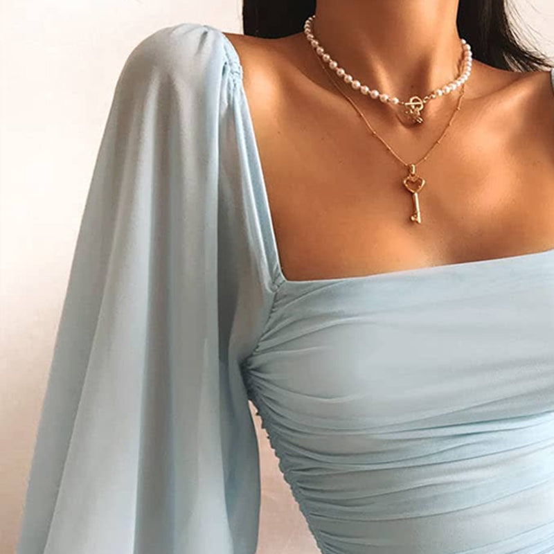 Mini abito a tubino a vita alta, maniche lunghe, blu, abito sexy, colletto piatto, tinta unita, abiti aderenti aderenti alla moda