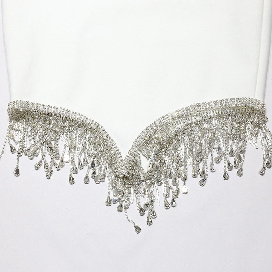 Vestito estivo sexy di alta qualità, senza maniche, con scollo a V, nappa e diamanti, bianco, da donna, aderente, da festa, da club