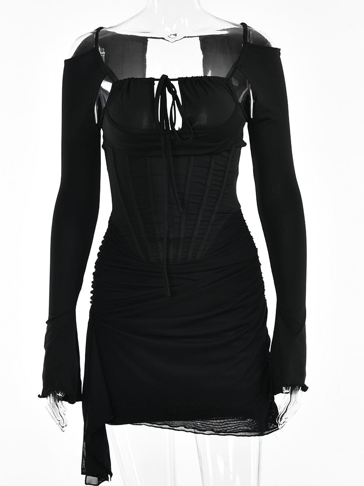 Vestito da donna con spalline sottili traforate, sexy, a vita alta, a maniche lunghe, per feste, abito nero a spina di pesce senza schienale