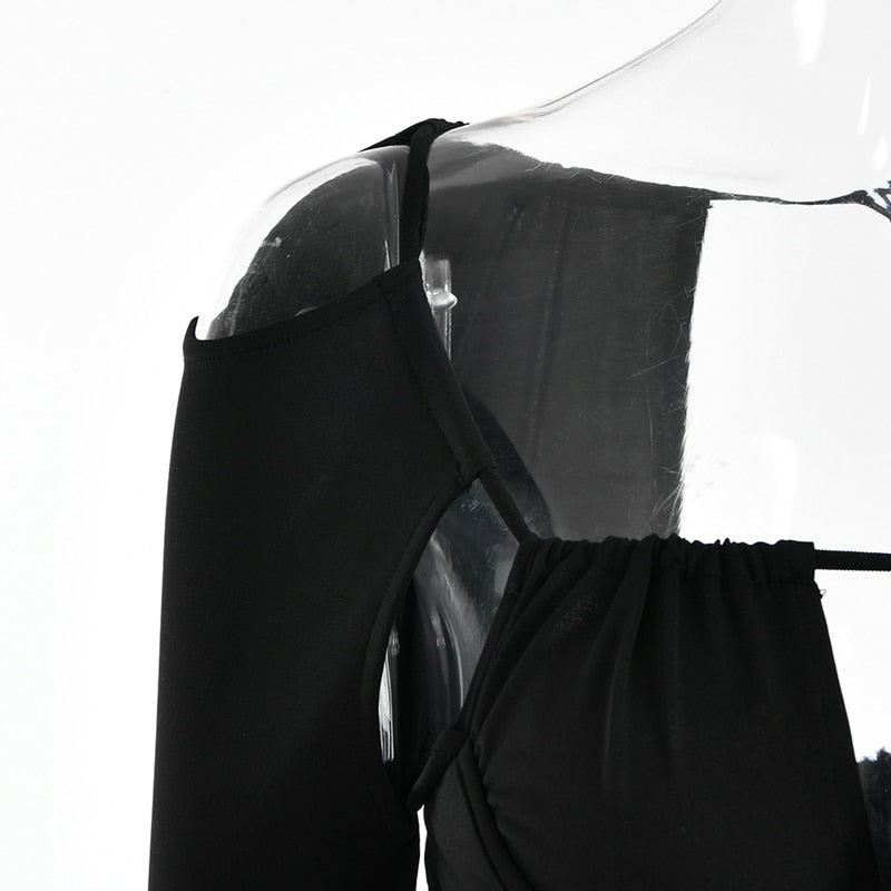 Vestito da donna con spalline sottili traforate, sexy, a vita alta, a maniche lunghe, per feste, abito nero a spina di pesce senza schienale