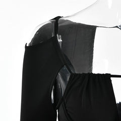 Vestito da donna con spalline sottili traforate, sexy, a vita alta, a maniche lunghe, per feste, abito nero a spina di pesce senza schienale