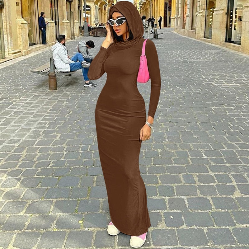 Abito aderente con cappuccio e maniche lunghe per donna 2023, elegante e sexy, abiti lunghi aderenti con spacco posteriore, stile street 
