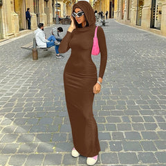 Abito aderente con cappuccio e maniche lunghe per donna 2023, elegante e sexy, abiti lunghi aderenti con spacco posteriore, stile street 