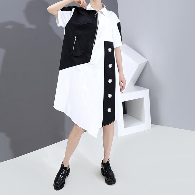 Vestito estivo casual asimmetrico da donna, con fori, in colore a contrasto, patchwork bianco e nero, taglia grande, vestibilità ampia, stile LLMD004