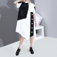 Vestito estivo casual asimmetrico da donna, con fori, in colore a contrasto, patchwork bianco e nero, taglia grande, vestibilità ampia, stile LLMD004