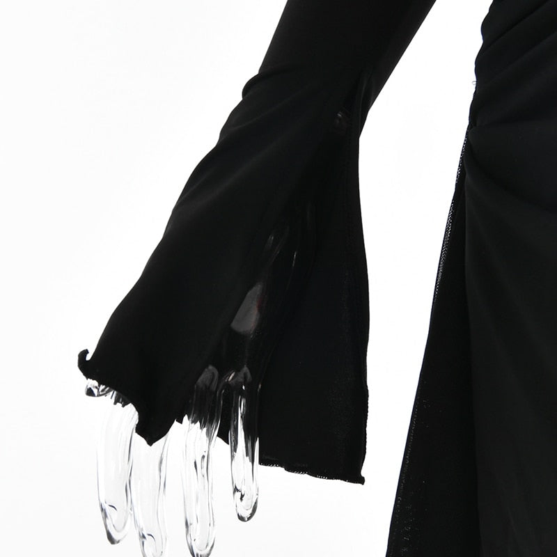 Vestito da donna con spalline sottili traforate, sexy, a vita alta, a maniche lunghe, per feste, abito nero a spina di pesce senza schienale