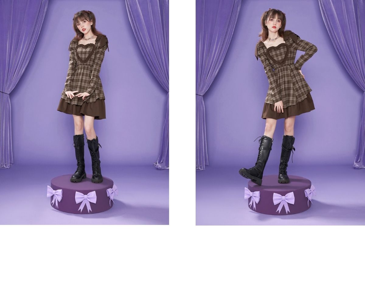Abito Kawaii Lolita in stile preppy con volant, patchwork, maniche lunghe, scozzesi, eleganti, vintage, maniche a sbuffo, colletto quadrato
