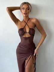 Vestito lungo estivo sexy con scollo all'americana, senza maniche e senza spalline, per le donne, elegante, da festa in discoteca, con spacco.