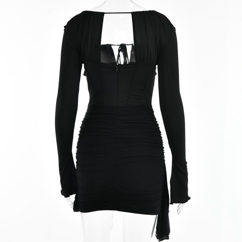 Vestito da donna con spalline sottili traforate, sexy, a vita alta, a maniche lunghe, per feste, abito nero a spina di pesce senza schienale