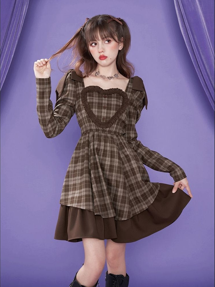 Abito Kawaii Lolita in stile preppy con volant, patchwork, maniche lunghe, scozzesi, eleganti, vintage, maniche a sbuffo, colletto quadrato