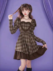 Abito Kawaii Lolita in stile preppy con volant, patchwork, maniche lunghe, scozzesi, eleganti, vintage, maniche a sbuffo, colletto quadrato