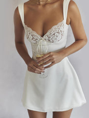 Karlofea, elegante mini abito in raso di classe da donna, per invitati a matrimoni, cocktail party, abiti sexy, con scollo a V, in pizzo, bianco 