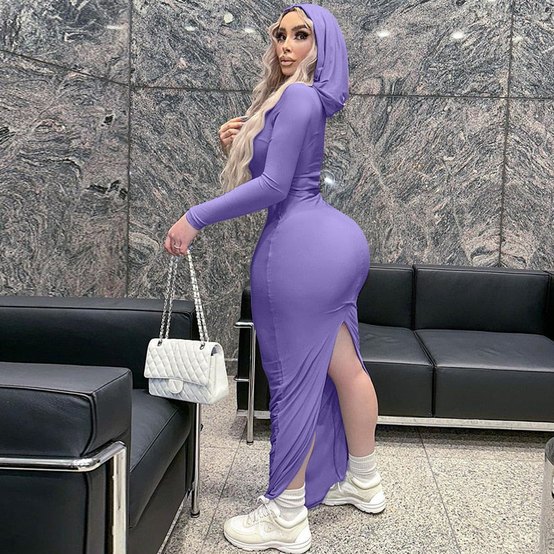 Abito aderente con cappuccio e maniche lunghe per donna 2023, elegante e sexy, abiti lunghi aderenti con spacco posteriore, stile street 