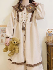 Abito Kawaii Lolita da donna in stile preppy dolce con volant, patchwork, in velluto a coste, autunno inverno, maniche a sbuffo, colletto alla Peter Pan