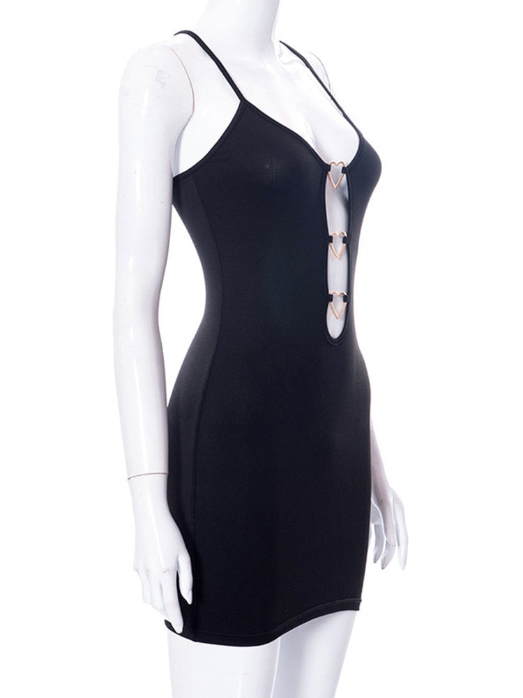 Vestito da donna aderente nero traforato, canotta con decorazione a forma di cuore, abito da festa sexy da club per donna, mini abito corto, vestido de mujer