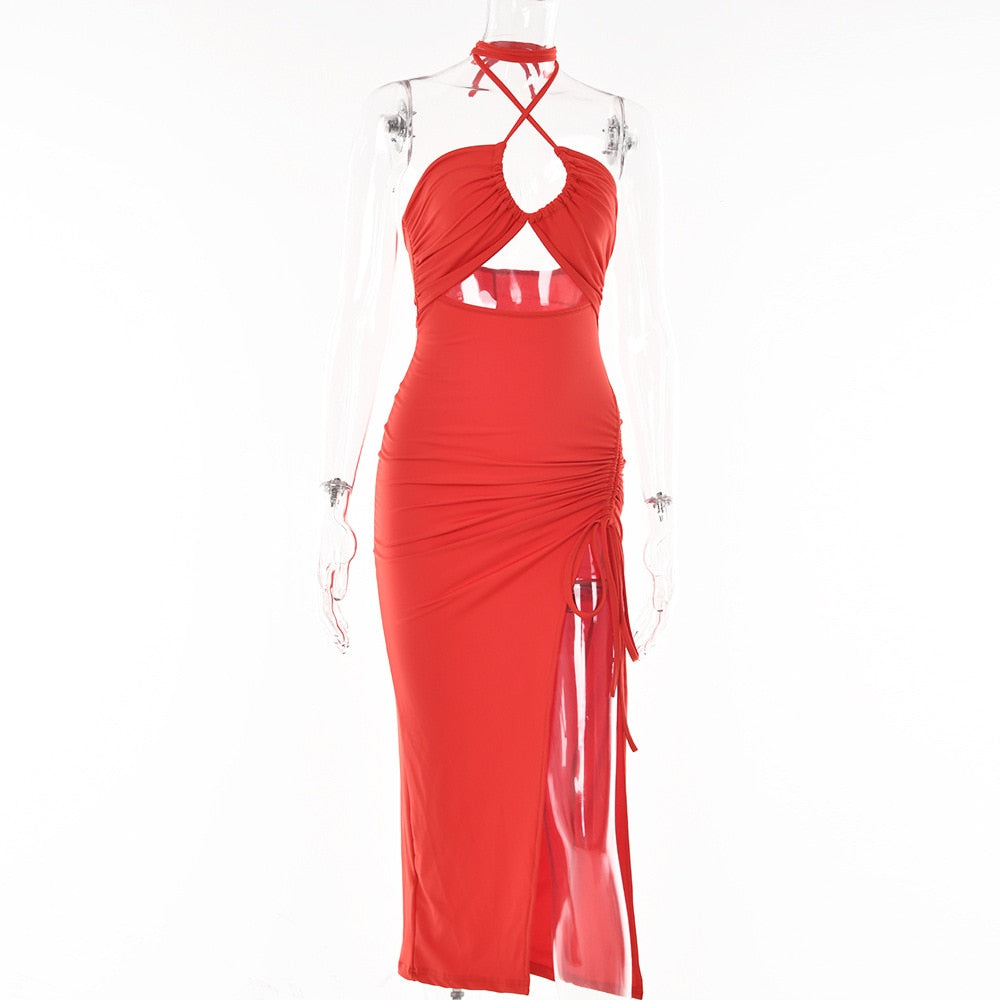 Vestito lungo estivo sexy con scollo all'americana, senza maniche e senza spalline, per le donne, elegante, da festa in discoteca, con spacco.