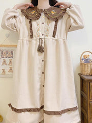 Abito Kawaii Lolita da donna in stile preppy dolce con volant, patchwork, in velluto a coste, autunno inverno, maniche a sbuffo, colletto alla Peter Pan
