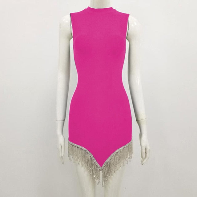 Vestito estivo sexy di alta qualità, senza maniche, con scollo a V, nappa e diamanti, bianco, da donna, aderente, da festa, da club