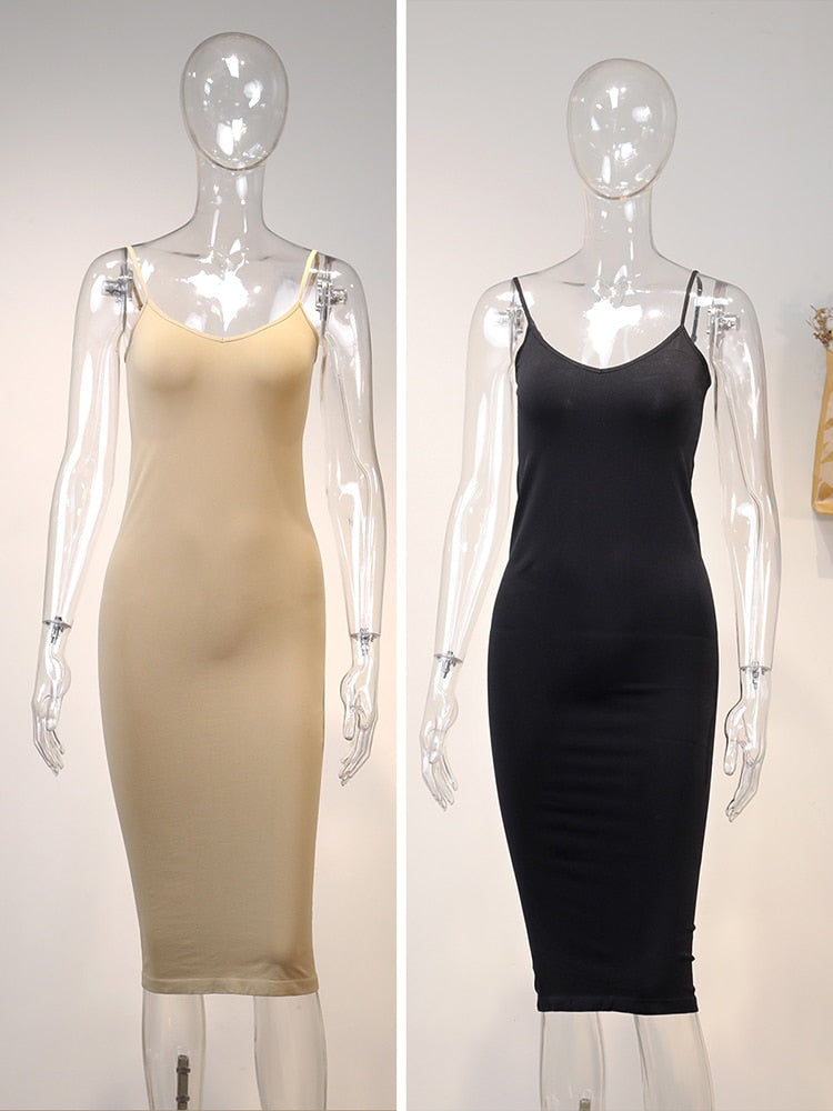 Jastie Abito sottoveste senza cuciture color carne 2023 Estate Donna Cinghie regolabili Sexy Abiti elasticizzati Aderente Slim Midi Dress Underdress