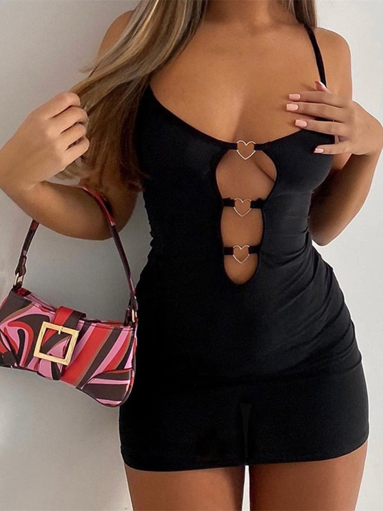 Vestito da donna aderente nero traforato, canotta con decorazione a forma di cuore, abito da festa sexy da club per donna, mini abito corto, vestido de mujer