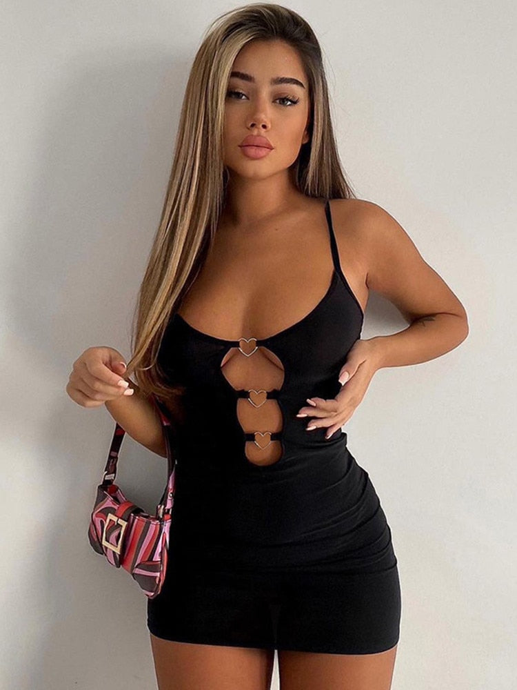 Vestito da donna aderente nero traforato, canotta con decorazione a forma di cuore, abito da festa sexy da club per donna, mini abito corto, vestido de mujer