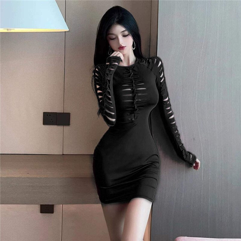 Mini abito da donna a maniche lunghe con scollo a V, elastico, da sera, attillato, corto, a tubino, fasciatura femminile