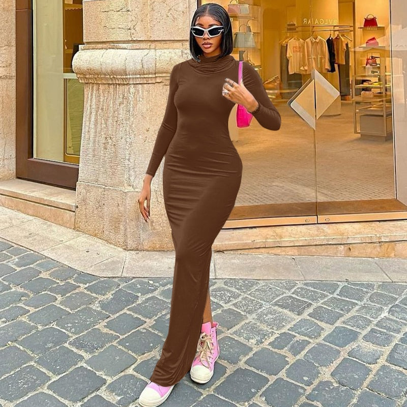 Abiti lunghi con cappuccio e maniche lunghe per donna, abito lungo nero attillato, abito aderente semplice autunno inverno 2023