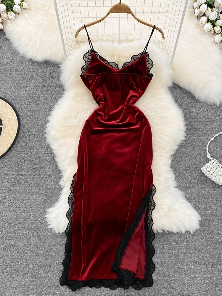 Ins Fashion Donna Natale Vestito lungo rosso Vita alta Pizzo Patchwork Spacco laterale Velluto Vestito lungo Abiti da festa 