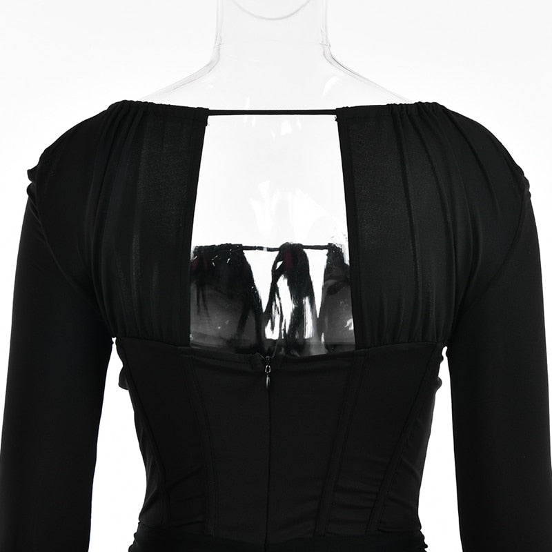 Vestito da donna con spalline sottili traforate, sexy, a vita alta, a maniche lunghe, per feste, abito nero a spina di pesce senza schienale