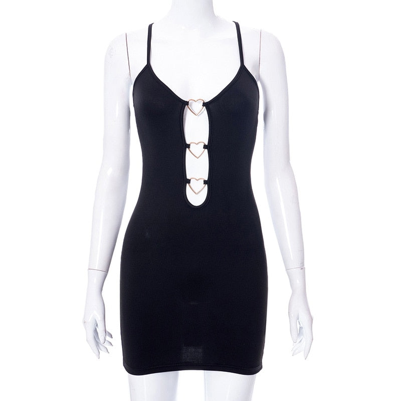 Vestito da donna aderente nero traforato, canotta con decorazione a forma di cuore, abito da festa sexy da club per donna, mini abito corto, vestido de mujer
