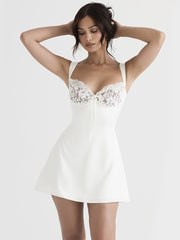 Karlofea, elegante mini abito in raso di classe da donna, per invitati a matrimoni, cocktail party, abiti sexy, con scollo a V, in pizzo, bianco 
