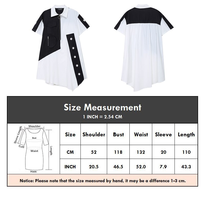 Vestito estivo casual asimmetrico da donna, con fori, in colore a contrasto, patchwork bianco e nero, taglia grande, vestibilità ampia, stile LLMD004