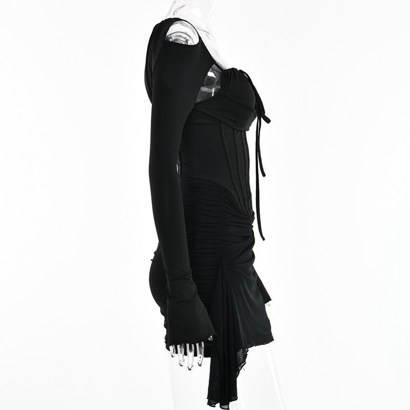 Vestito da donna con spalline sottili traforate, sexy, a vita alta, a maniche lunghe, per feste, abito nero a spina di pesce senza schienale