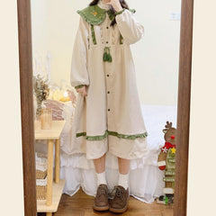 Abito Kawaii Lolita da donna in stile preppy dolce con volant, patchwork, in velluto a coste, autunno inverno, maniche a sbuffo, colletto alla Peter Pan