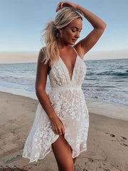 Mini abito sexy a vita alta in pizzo da donna, sexy, senza schienale, scollo a V, abiti da donna estivi, da spiaggia, per feste, abbigliamento lungo fino al ginocchio 