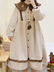 Abito Kawaii Lolita da donna in stile preppy dolce con volant, patchwork, in velluto a coste, autunno inverno, maniche a sbuffo, colletto alla Peter Pan