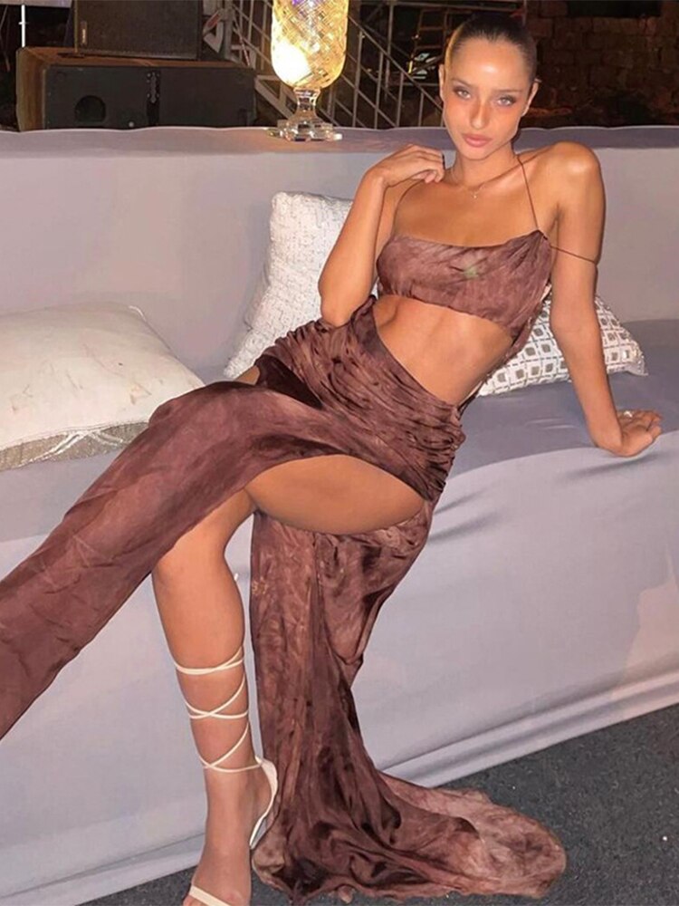 Abito lungo con spalline sottili e stampa alla moda, elegante, per feste e club, con arricciature e spacchi, estivo, da donna 