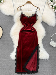 Ins Fashion Donna Natale Vestito lungo rosso Vita alta Pizzo Patchwork Spacco laterale Velluto Vestito lungo Abiti da festa 