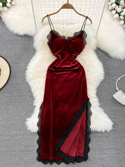 Ins Fashion Donna Natale Vestito lungo rosso Vita alta Pizzo Patchwork Spacco laterale Velluto Vestito lungo Abiti da festa 