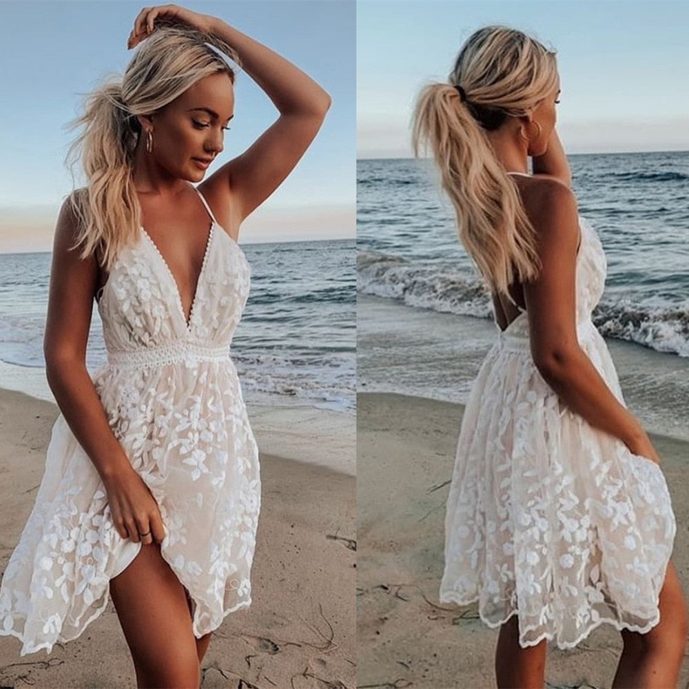 Mini abito sexy a vita alta in pizzo da donna, sexy, senza schienale, scollo a V, abiti da donna estivi, da spiaggia, per feste, abbigliamento lungo fino al ginocchio 