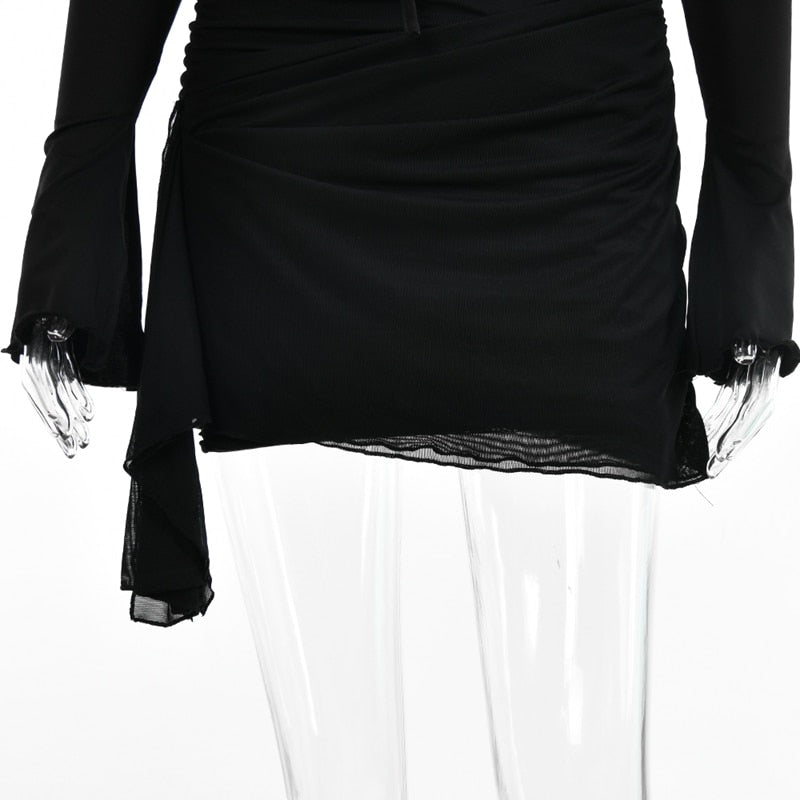 Vestito da donna con spalline sottili traforate, sexy, a vita alta, a maniche lunghe, per feste, abito nero a spina di pesce senza schienale