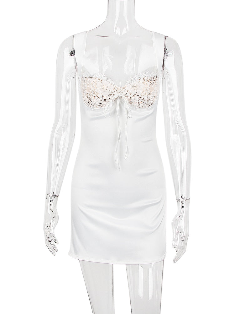 Karlofea, elegante mini abito in raso di classe da donna, per invitati a matrimoni, cocktail party, abiti sexy, con scollo a V, in pizzo, bianco 