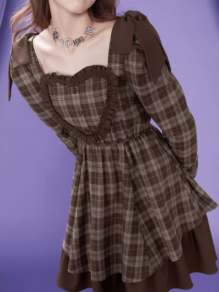 Abito Kawaii Lolita in stile preppy con volant, patchwork, maniche lunghe, scozzesi, eleganti, vintage, maniche a sbuffo, colletto quadrato
