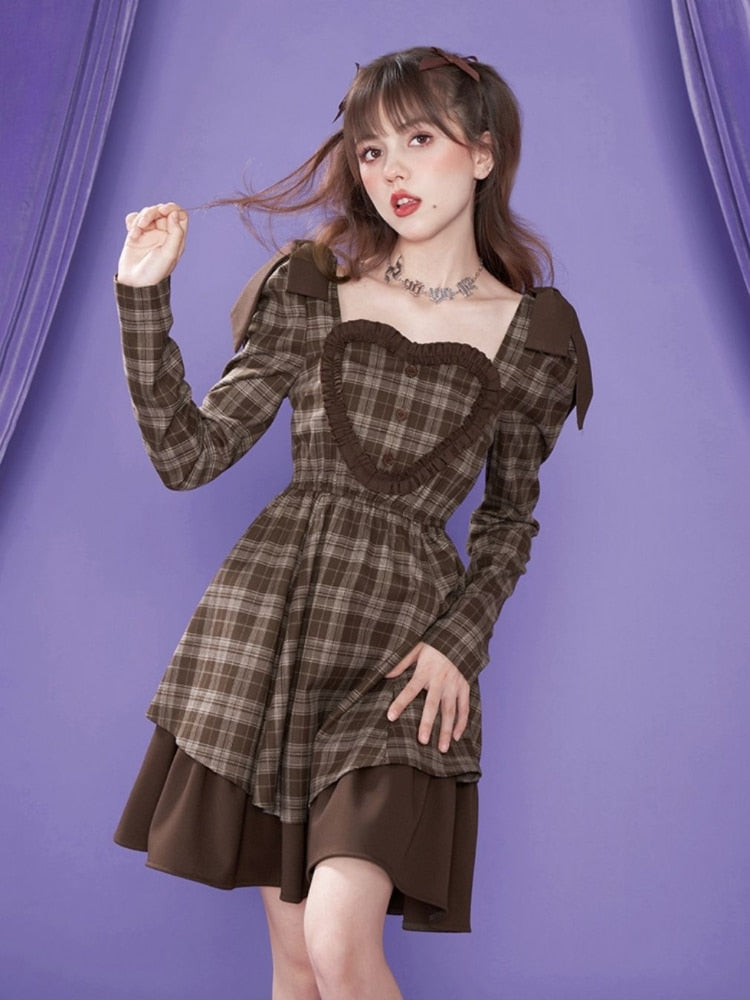 Abito Kawaii Lolita in stile preppy con volant, patchwork, maniche lunghe, scozzesi, eleganti, vintage, maniche a sbuffo, colletto quadrato