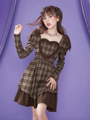 Abito Kawaii Lolita in stile preppy con volant, patchwork, maniche lunghe, scozzesi, eleganti, vintage, maniche a sbuffo, colletto quadrato