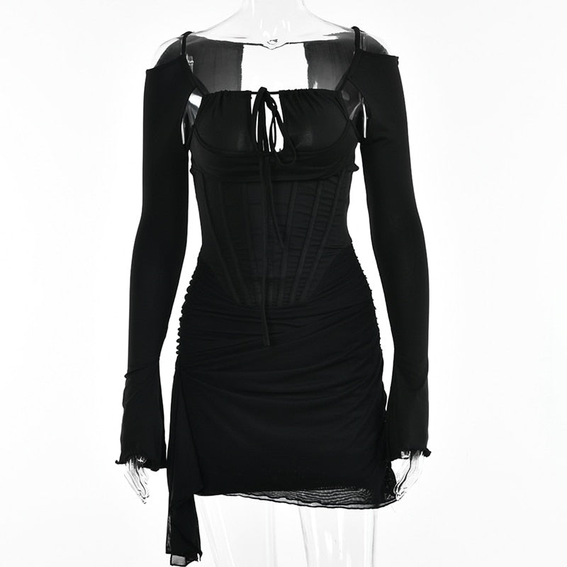 Vestito da donna con spalline sottili traforate, sexy, a vita alta, a maniche lunghe, per feste, abito nero a spina di pesce senza schienale