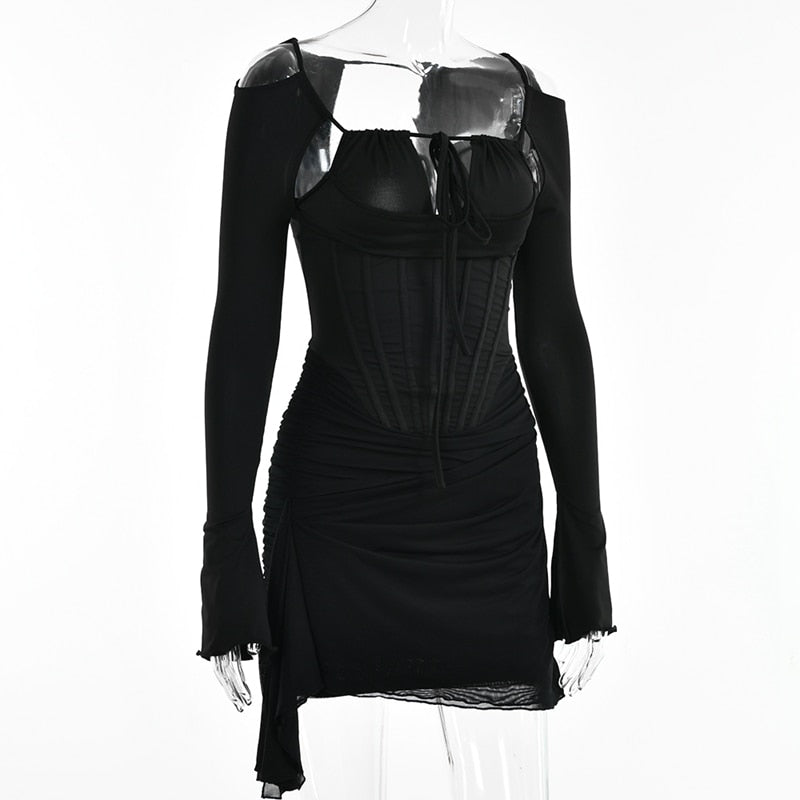 Vestito da donna con spalline sottili traforate, sexy, a vita alta, a maniche lunghe, per feste, abito nero a spina di pesce senza schienale
